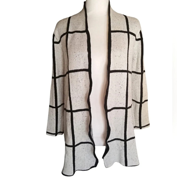 Retrology Window Pane Black And White Open Front Knit Cardigan Size Medium - Picture 1 of 8